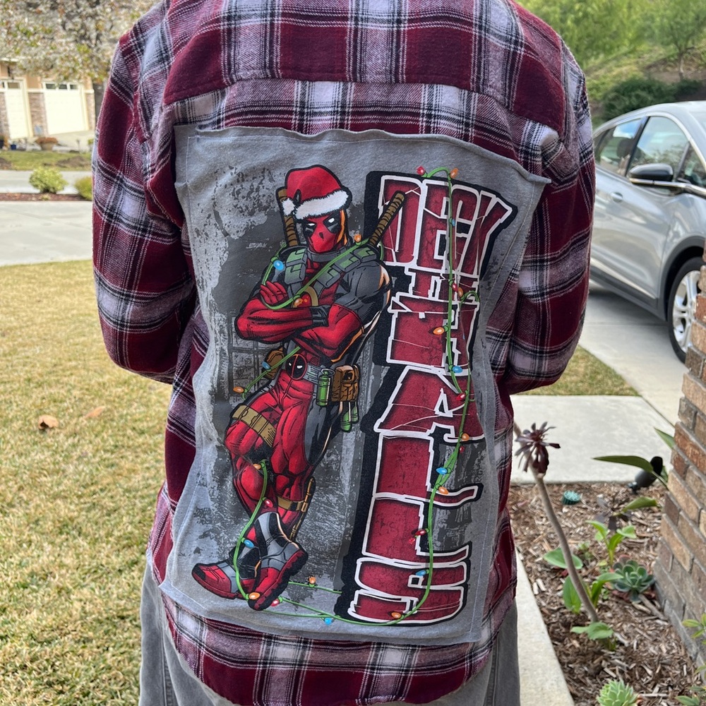 Deadpool Christmas Upcycled Flannel Shirt unisex Size Small S